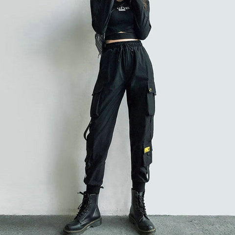 Streetwear Cargo Pants Women Casual Joggers Black High Waist Loose Female Trousers Korean Style Ribbon Ladies Pants Dropshipping