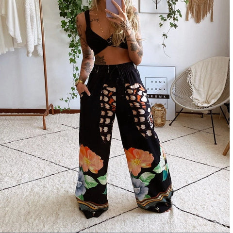 Pbong 2 Pecs Suit Summer Tracksuit Sets Womens Outfits Boho Beach Style Print Underwear Loose Wide Leg Pants Ropa Mujer Подходить New