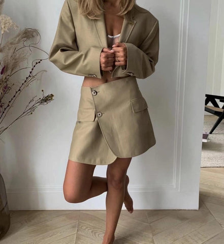 Sexy One Button Short Women Blazer Cropped High Waist Irregular Cross Slit Mini Skirt Long Sleeve Suits 2 Pieces Set Vintage