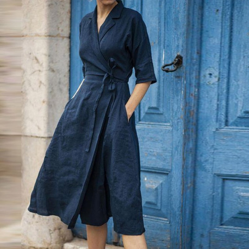 Elegant Half Sleeve Cotton Linen Party Dress Fashion Office Lady Lapel Wrap Lace-Up Long Dress Autumn Casual Pocket Solid Dress