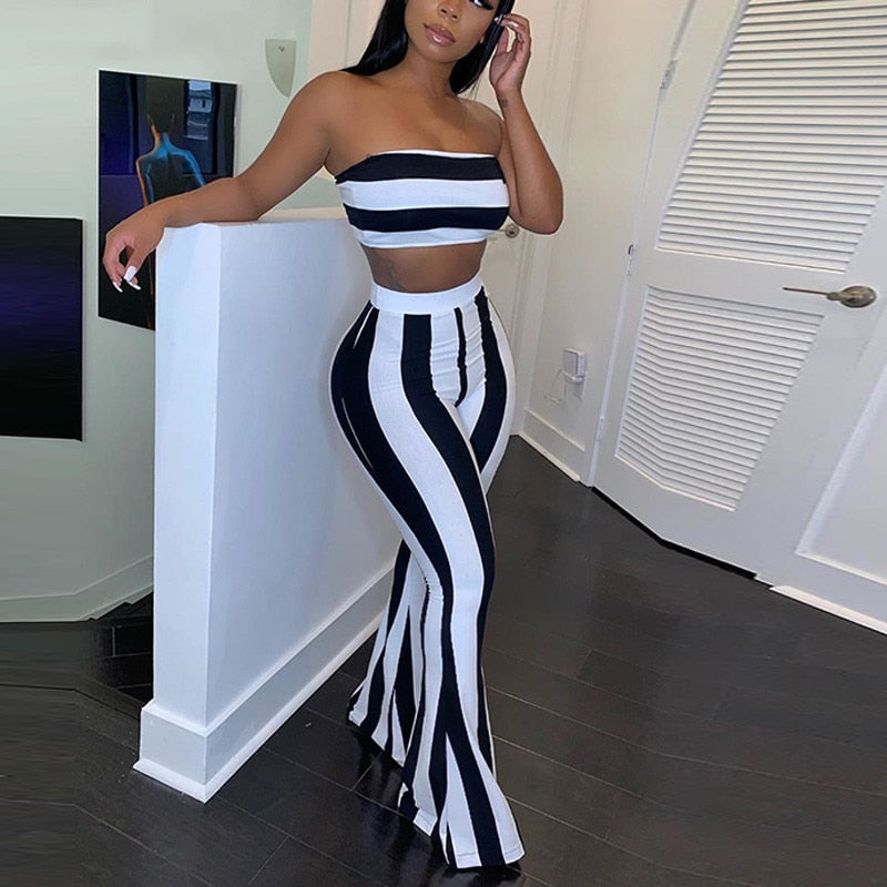 Women Striped 2 piece set Women Outfits Crop Top Pants two pieces sets Summer Clothes for Female Sexy women's suit