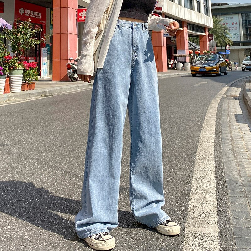 Fashion ladies jeans high waist three-color loose jeans street style high waist jeans wide feet retro high quality pants