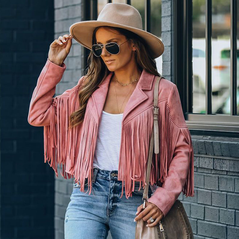 Pbong Fringed Bomber Jacket Women Spring Fashion Long Sleeve Turn-down Collar Open Stitch Slim Jackets