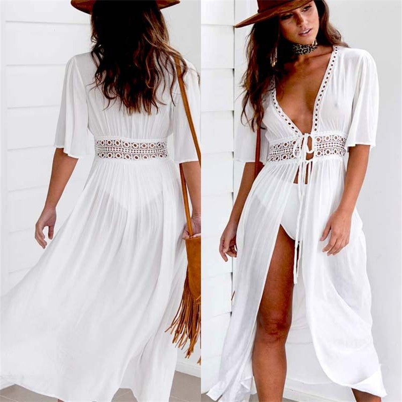 Pbong mid size graduation outfit romantic style teen swag clean girl ideas 90s latina aesthetic3XL Plus Size Beach Long Maxi Dress Women Beach Cover Up Tunic Pareo White V Neck Dress Robe Swimwear Bathing Suit Beachwear