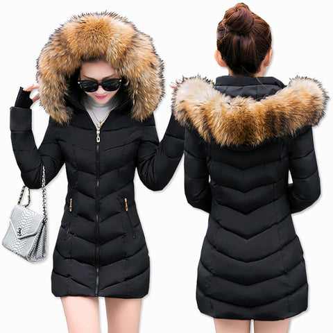 Fashion Winter Jacket Women Big Fur Belt Hooded Thick Down Parkas X-Long Female Jacket Coat Slim Warm Winter Outwear New