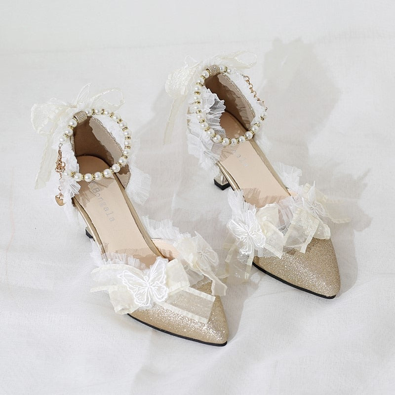 Elegant Lolita Lace High Heels Loli Wedding Dress Shoe Fairy Women Tea Party Butterfly Bow Lolita Sandals Feminine Cosplay Anime