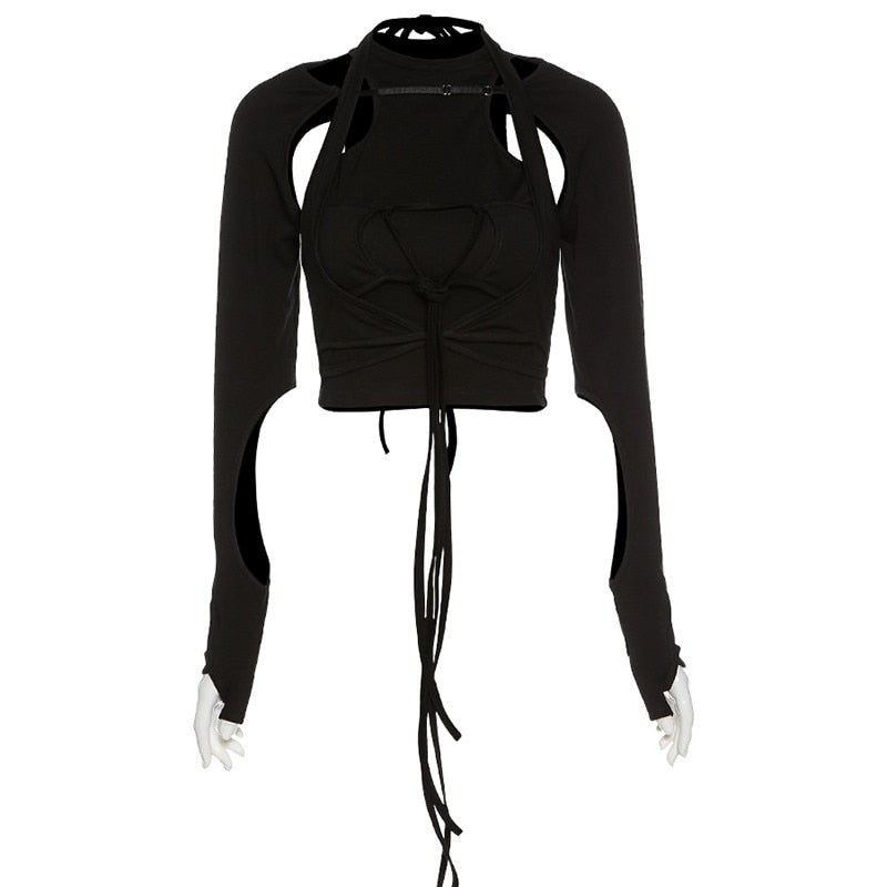 Gothic hollow tshirt 2 pieces crop top summer black Punk bandage tassel top high streetwear party top cotton tees female