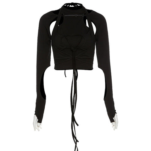 Gothic hollow tshirt 2 pieces crop top summer black Punk bandage tassel top high streetwear party top cotton tees female