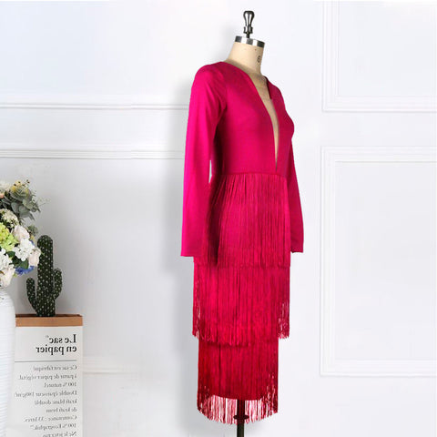 Pbong mid size graduation outfit romantic style teen swag clean girl ideas 90s latina aestheticRose Red Long Sleeves Tassels Women Midi Dress Deep V Neck Sexy Patchwork with Zipper Female Date Out Fashion Spring New