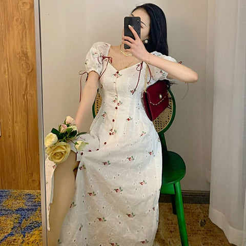 French Sweet Fairy Dress Summer Floral Women Vintage Split Dress Kawaii Korean Style Casual Party Evening Elegant Dress