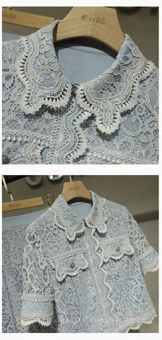 Summer Fashion Designer Runway Lace 2 Piece Set Women Blue Hollow Out Shirt Top+High Waist A-Line Sweet Skirt Hook Flower Set