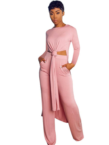 New Arrival Fashion Design two pieces  Sexy Women Set Solid O-neck Long Top  And  Long Pants  Summer  Outfits