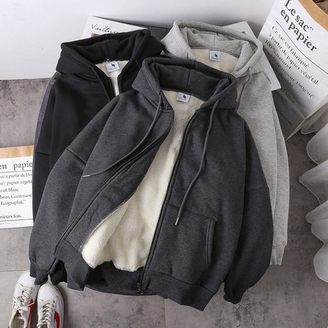 Jacket women solid color hoodies autumn winter imitation lamb wool korean loose plus velvet thick zipper sweatshirt tops