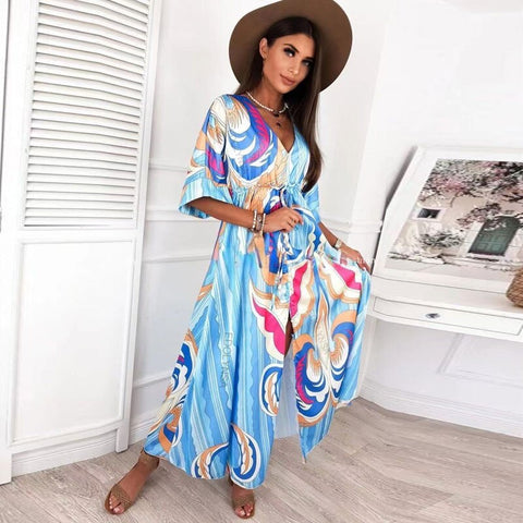 Bikini Cover-ups Boho Print Long Dress Self Belted Sexy Beach Tunic  Summer Women Beach Wear Swim Suit Cover Up Pbong mid size graduation outfit romantic style teen swag clean girl ideas 90s latina aesthetic