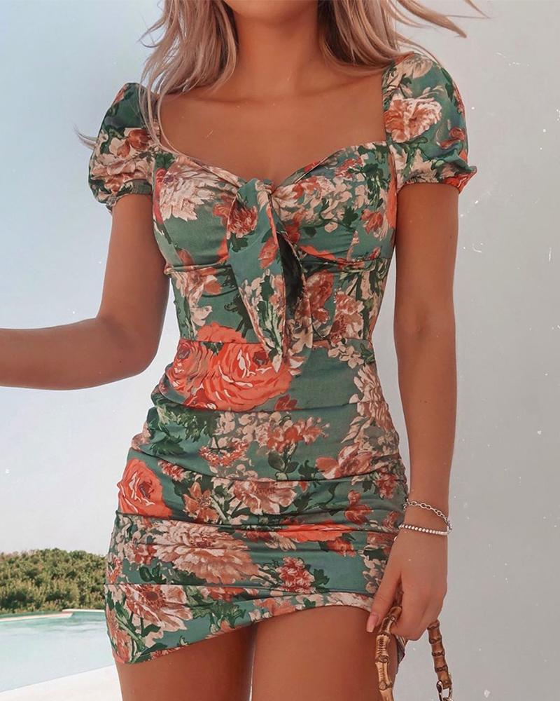 Women Summer Sexy Short Sleeve Floral Mini Bow Design Ruched Casual Bodycon Dress Puff Sleeve Floral Square Neck Tie Front Dress