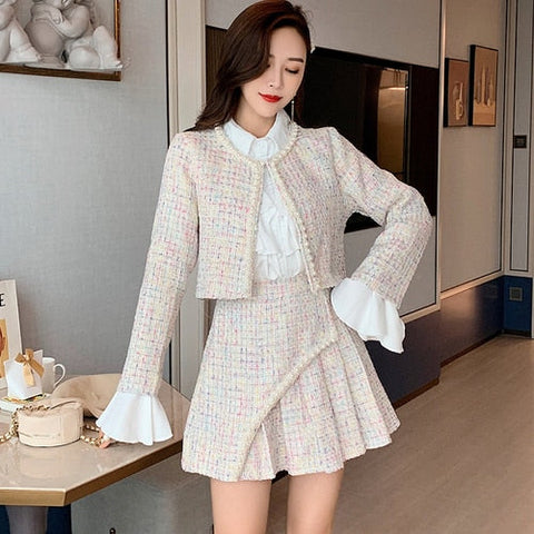 New High Quality Women Autumn Winter 3 Piece Sets Lady Fashion Elegant Slim Coat Skirt Shirt Three-piece Suit Tweed Sets