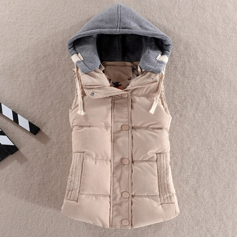 winter women solid thick vest hooded casual female warm outwear cotton padded office ladies single breasted chaleco mujer