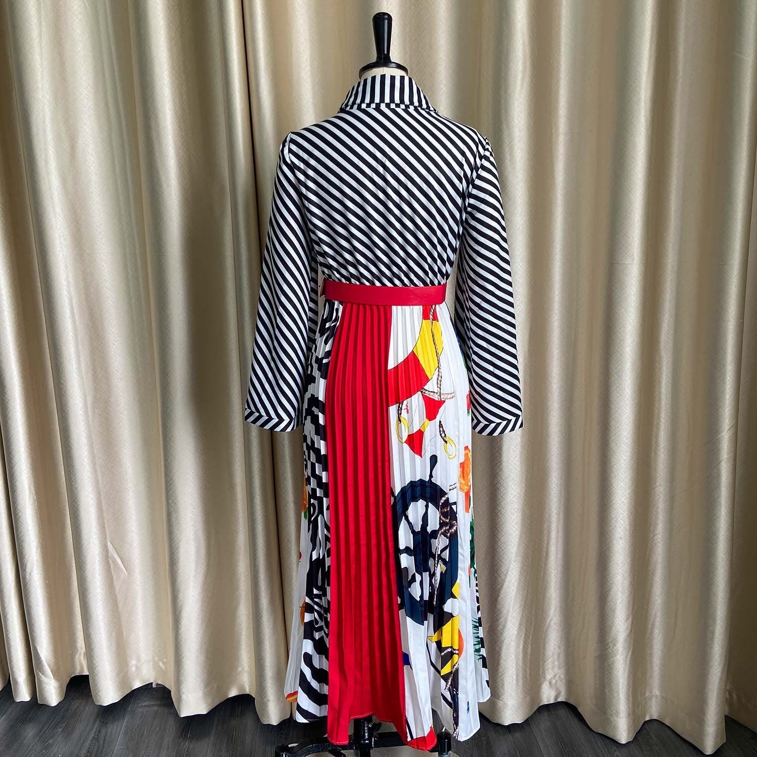 Pbong mid size graduation outfit romantic style teen swag clean girl ideas 90s latina aestheticWomen Striped Printed Dresses A Line Long Sleeves High Collar With Waist Belt Vintage Flower Female African Classy Modest Spring