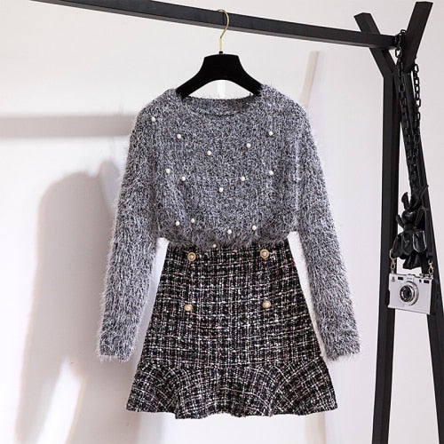 New Autumn Winter Two Piece Set Tracksuit Women Elegant Beading Knitted Sweater+High Waist Tweed Mermaid Skirt Ladies Outfits