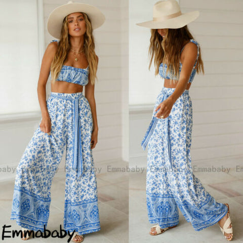 Pbong 2 Pecs Suit Summer Tracksuit Sets Womens Outfits Boho Beach Style Print Underwear Loose Wide Leg Pants Ropa Mujer Подходить New