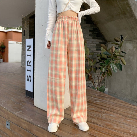 INS Cool Women Baggy Blue Pants Lady Oversized Wide Leg Plaid Slacks Harem Pants Student Autumn Purple Pink Long Flare Trousers