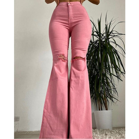 Pbong mid size graduation outfit romantic style teen swag clean girl ideas 90s latina aestheticJeans Woman Slim Fit Solid Color Bell-bottoms Classic Style Ripped High Waist Long Denim Pants Street Retro Style Stretchy Jeans