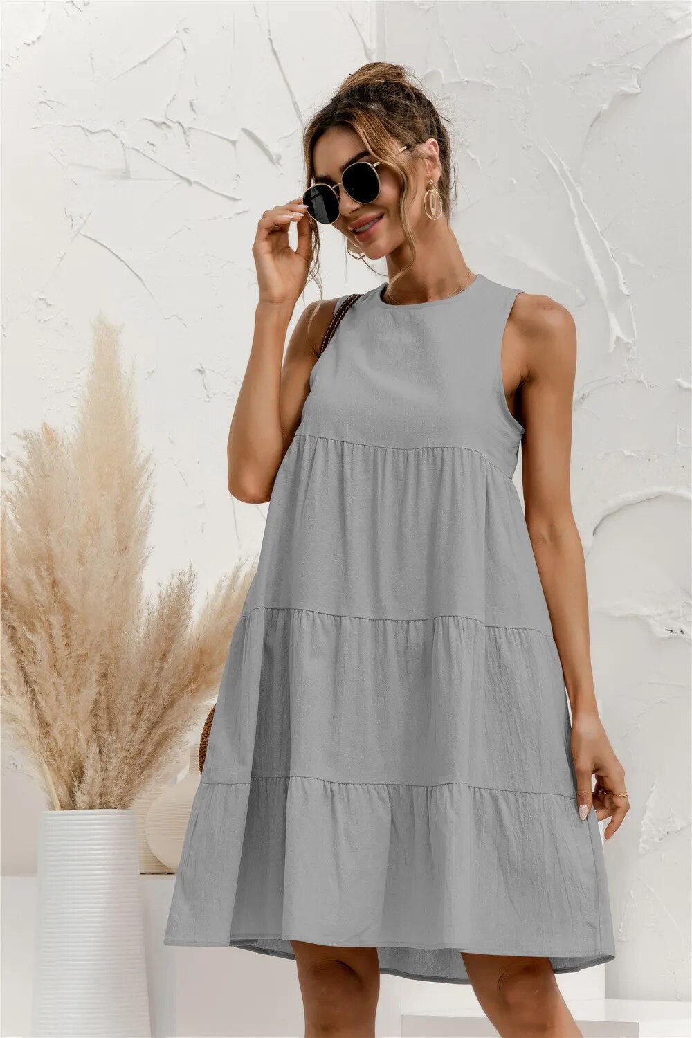 Summer Women Vest Dress Cotton O-Neck Sleeveless Solid Midi Dress Stitching Large Swing Casual Loose Sundress Vestidos