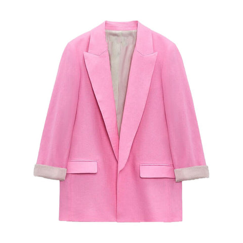 summer new style women's all-match casual loose linen casual suit jacket with printed cuffs