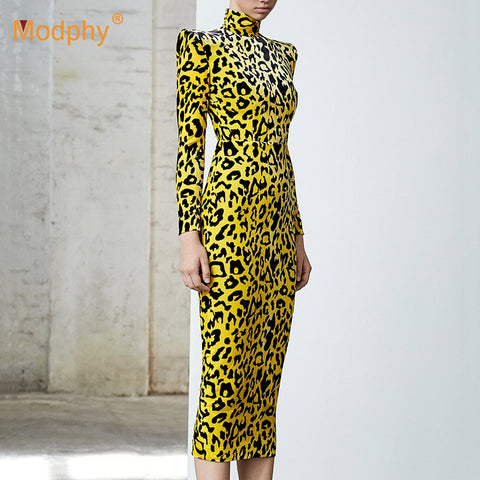 Winter New Fashion Leopard Print Long Dress Elegant Women Long Sleeve Bodycon Dress Celebrity Evening Party Runway Vestidos