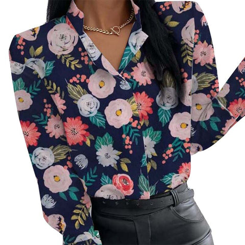 Autumn Floral Print Blouse Women Clothes Stand Collar Long Sleeve Office Lady Shirts Tops Female Casual Plus Size Blouses