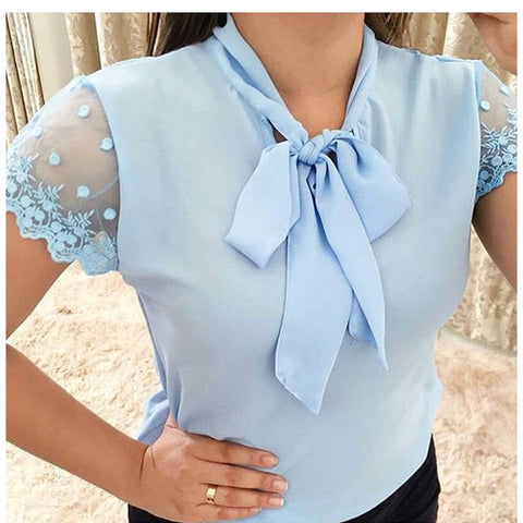 Pbong mid size graduation outfit romantic style teen swag clean girl ideas 90s latina aestheticS-5XL New  Lace Up Bow Tie Shirt Summer Lace Short Sleeve Solid Chiffon Casual Blouse Elegant Office Lady Blusas Woman Tops