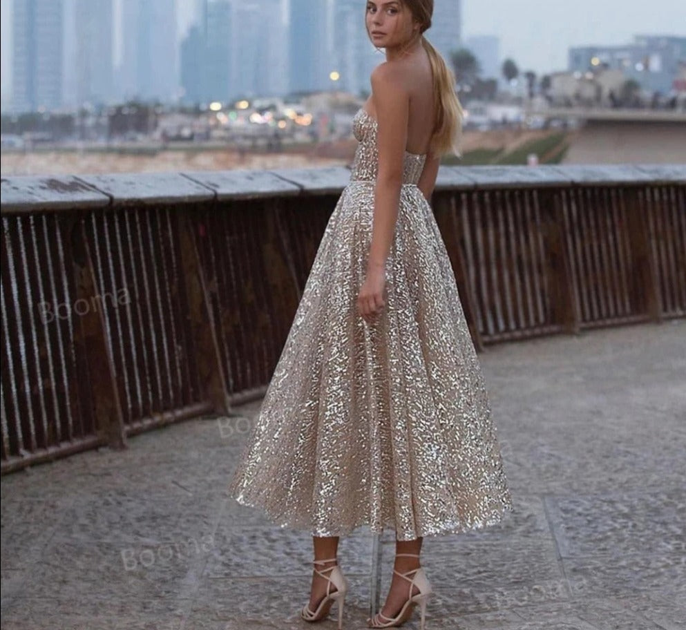 Glitter Sequin Lace Prom Dresses Sweetheart A-Line Short Prom Gowns Open Back Sleeveless Tea-Length Formal Party Gowns