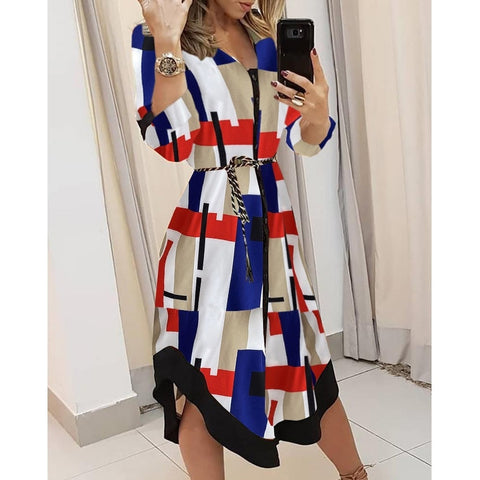 Spring Summer Lady Cover Up Women&  Shirt Dress Wave Print Long Sleeve V-Neck Casual Loose Holiday Midi Dress Plus Size