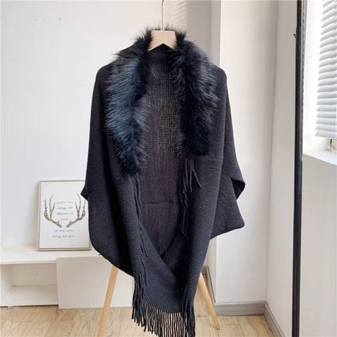 Fur Collar Winter Shawls And Wraps Bohemian Fringe Oversized Womens Winter Ponchos And Capes Batwing Sleeve Cardigan