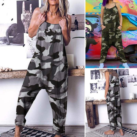 Women Camouflage Printed Jumpsuits Celmia Summer Spaghetti Strap Casual Loose Drop-Crotch Long Rompers Harem Pants Overalls