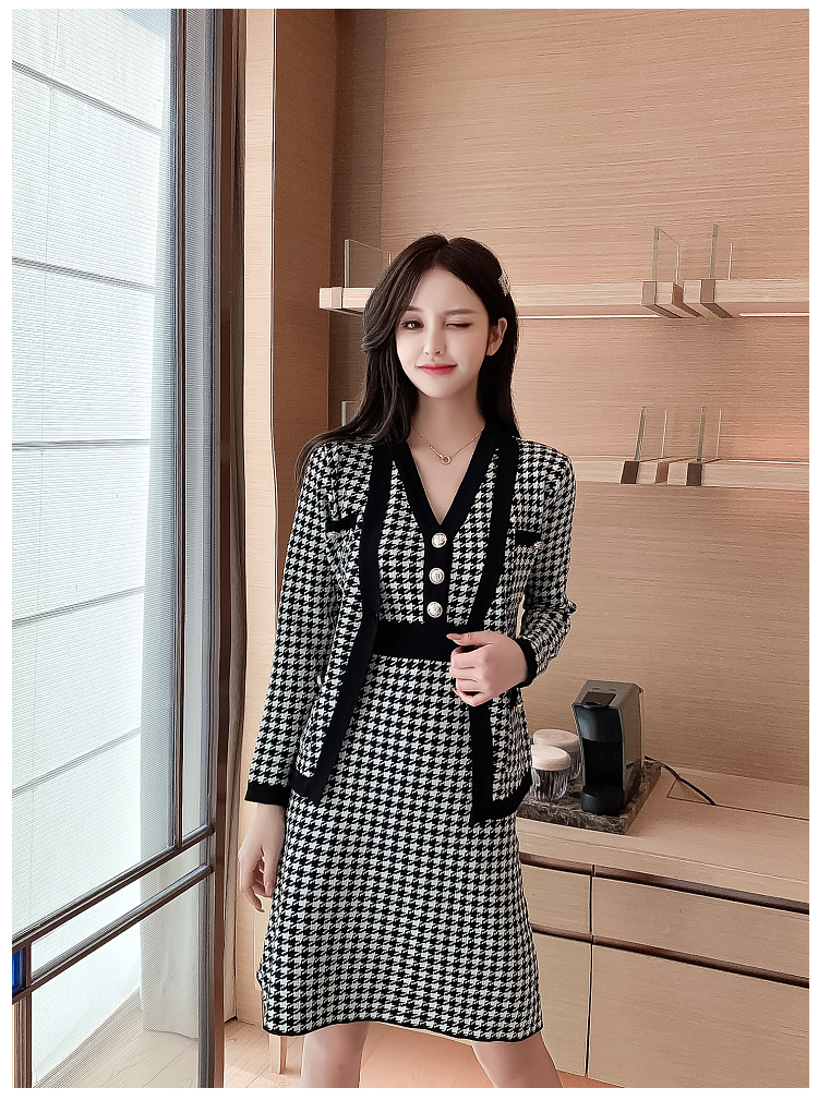 New  Autumn Winter Knitted 2 Piece Set Women Single-Breasted Houndstooth Cardigan Jacket Warm Sweater Coat+Knit Vest Dress