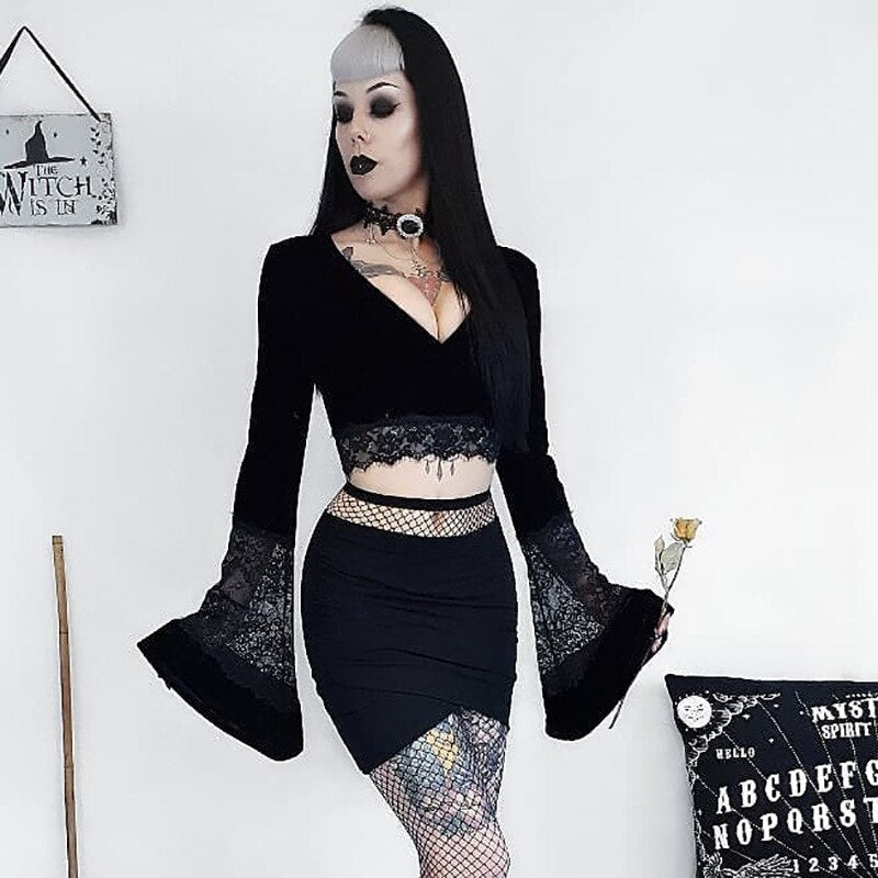 Black Vintage Aesthetic Gothic T-shirt For Women Harajuku Flare Sleeve Fall Halloween Tshirt Cropped Mesh
