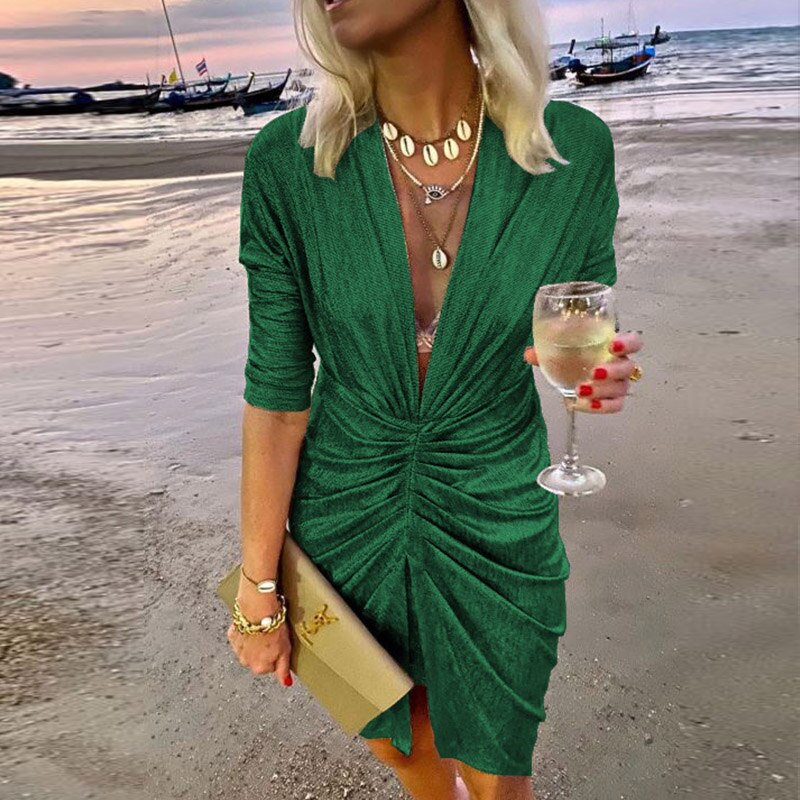 Lady Elegant Long Sleeve Club Glitter Mini Dress Sexy Deep V Neck Shiny Silk Party Dress Women Folds Pleated Bodycon Slit Dress