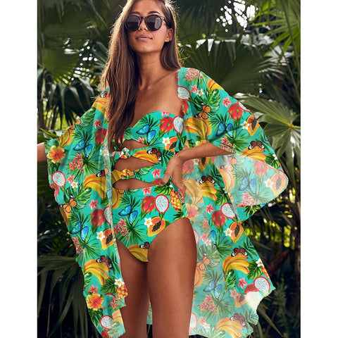 Leaves Print Swimsuit Beach Cover Up Tunics for Beach Long Kaftan Bikini Cover Up Robe De Plage Sarong Beach Swimsuit Cover-Ups