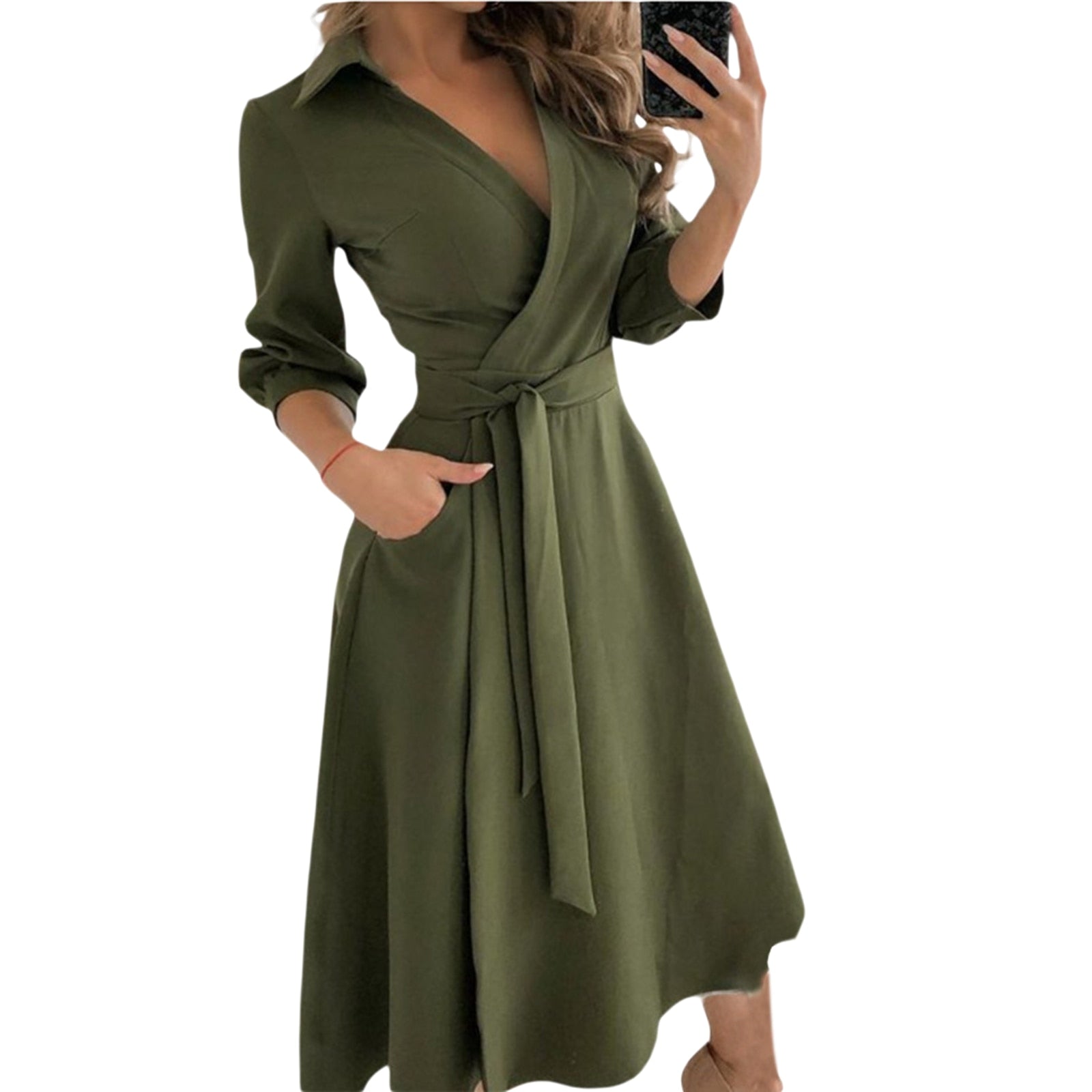 Spring Summer Lady Cover Up Women&  Shirt Dress Wave Print Long Sleeve V-Neck Casual Loose Holiday Midi Dress Plus Size