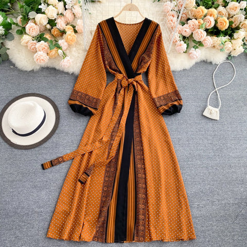 Spring Autumn Women Printed Long Dress Vintage Puff Long Sleeve High Waist A-Line Vestidos Female  New Fashion Beach Robe