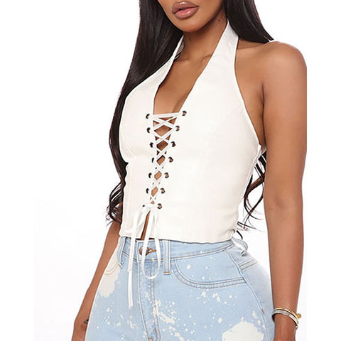 Pbong mid size graduation outfit romantic style teen swag clean girl ideas 90s latina aestheticHalter Top Women Sexy Lace-up PU Leather Crop Top Summer Slim Fit Bandage Tank Tops Black White Streetwear Y2k Tops