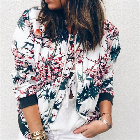 Women Floral Jackets Spring Summer Long Sleeve  Zipper Print Bomber Jacket Casual Pocket Slim Female Fashion Outwears Plus Size