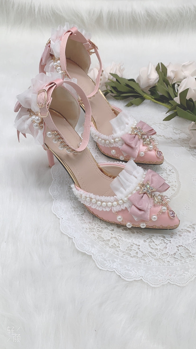 High Heels 8cm Luxury Sweet Women Lolita Wedding Shoes Diamond Lace Bow Tea Party Cos Slingbacks Pointed Toe Ankle Strap Sandals