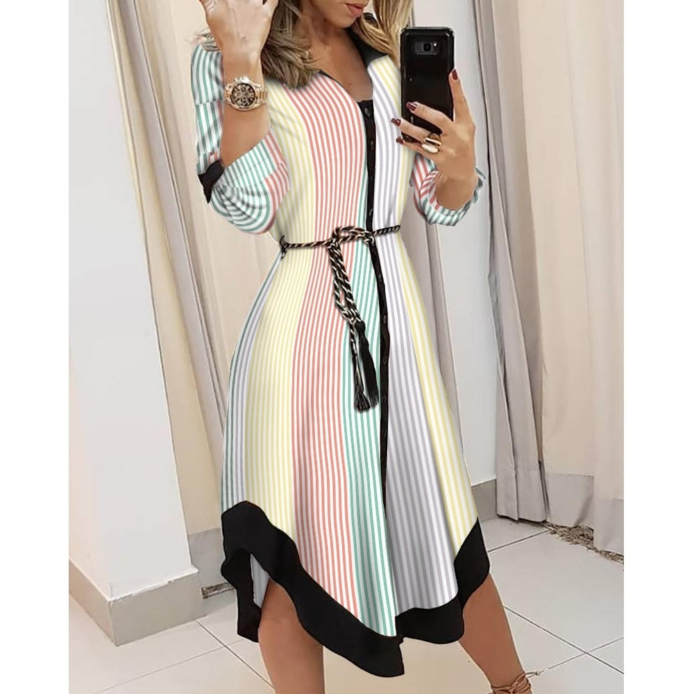 Spring Summer Lady Cover Up Women&  Shirt Dress Wave Print Long Sleeve V-Neck Casual Loose Holiday Midi Dress Plus Size