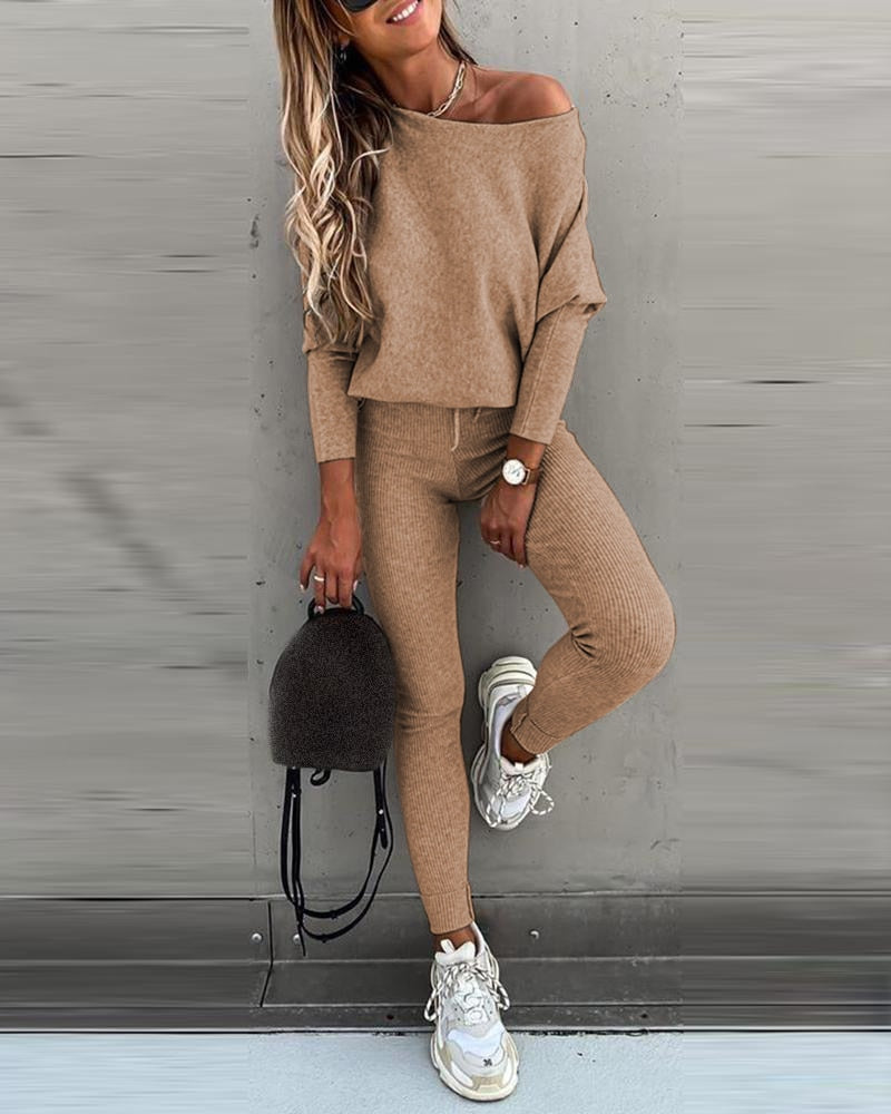 Ladies Long sleeve 2 Pieces Sets Women Fashion Solid Outfits Spring Autumn Sets Slash Neck Suits Streetwear Joggers Tracksuit