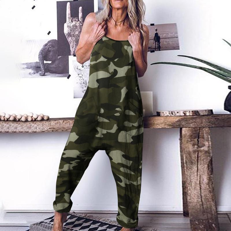 Women Camouflage Printed Jumpsuits Celmia Summer Spaghetti Strap Casual Loose Drop-Crotch Long Rompers Harem Pants Overalls