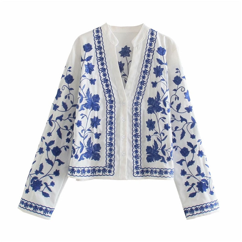 Woman Elegant Blue Embroidery Cotton Jacket Spring Chic Female Loose Soft Button Outwear Ladies Streetwear Floral Jackets