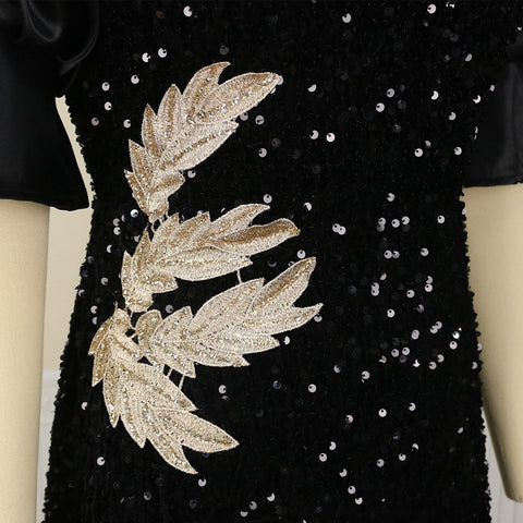 Pbong mid size graduation outfit romantic style teen swag clean girl ideas 90s latina aestheticWomen Black Long Dress Sequined Shiny Glitter Embroidered Chest Wrapped Puff Sleeve Classy Winter Fall Party Celebrity Birthday