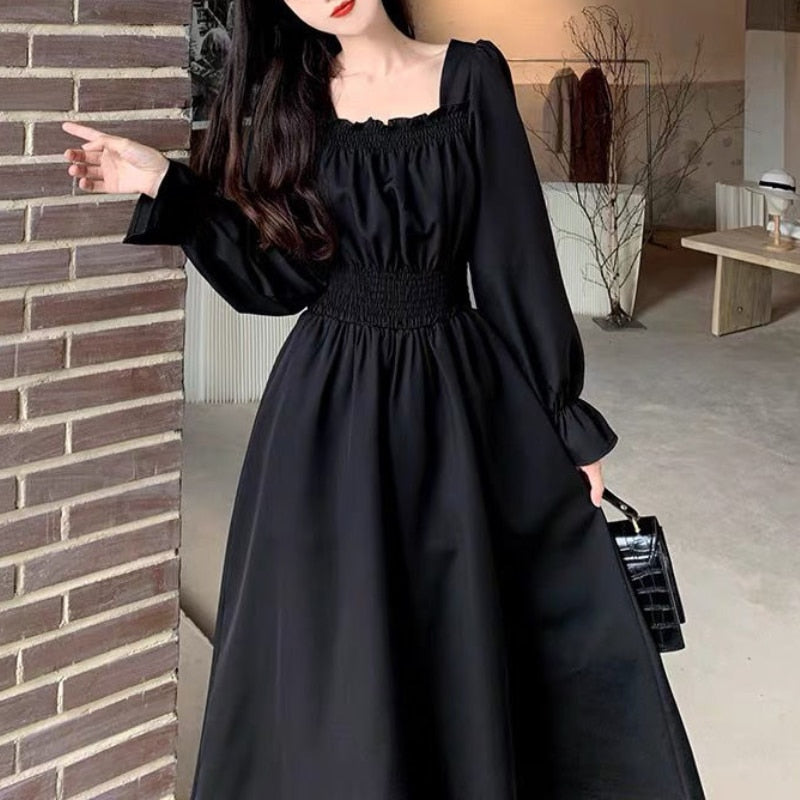 Black Elegant Dress Women Vintage Long Sleeve Spring Autumn Dresses Square Collar Oversize Loose Casual Robe Streetwear